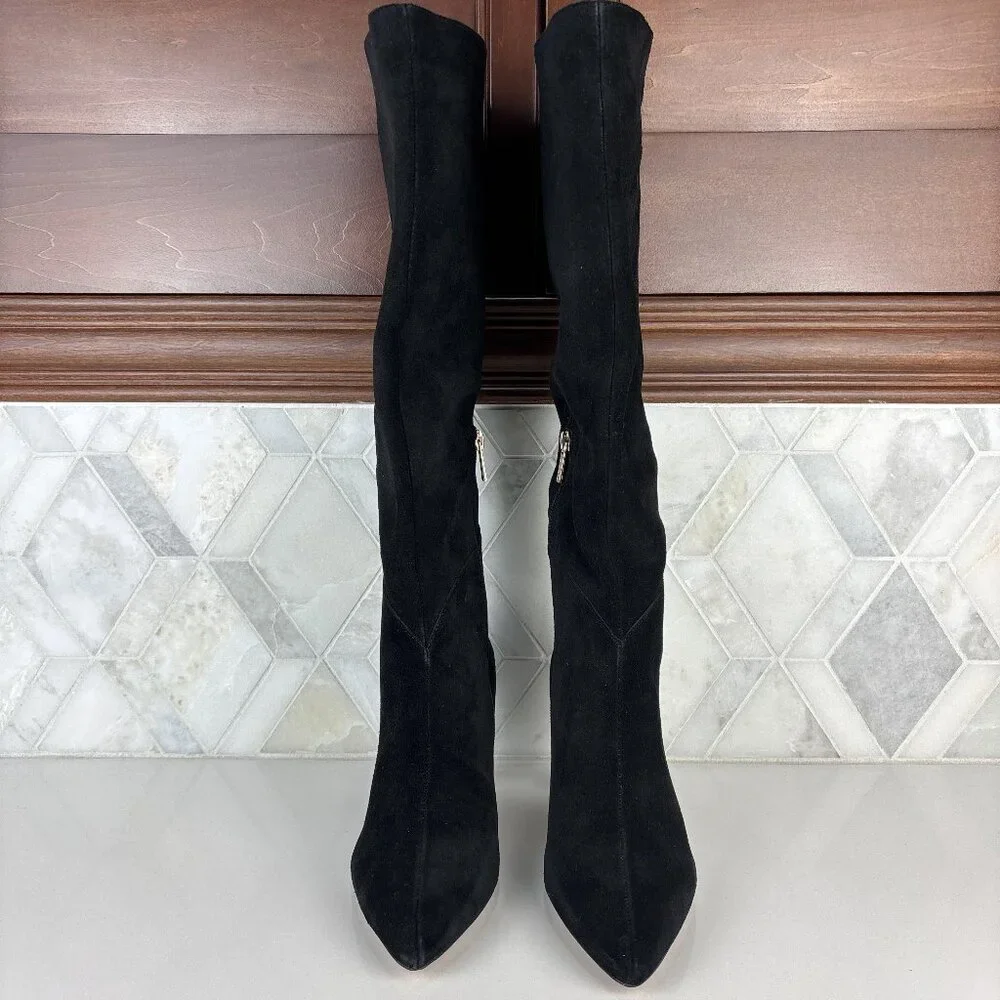 7.5 Tall Knee High Boot Black Leather Suede Cone Heel Pointed Toe Zip Bryle